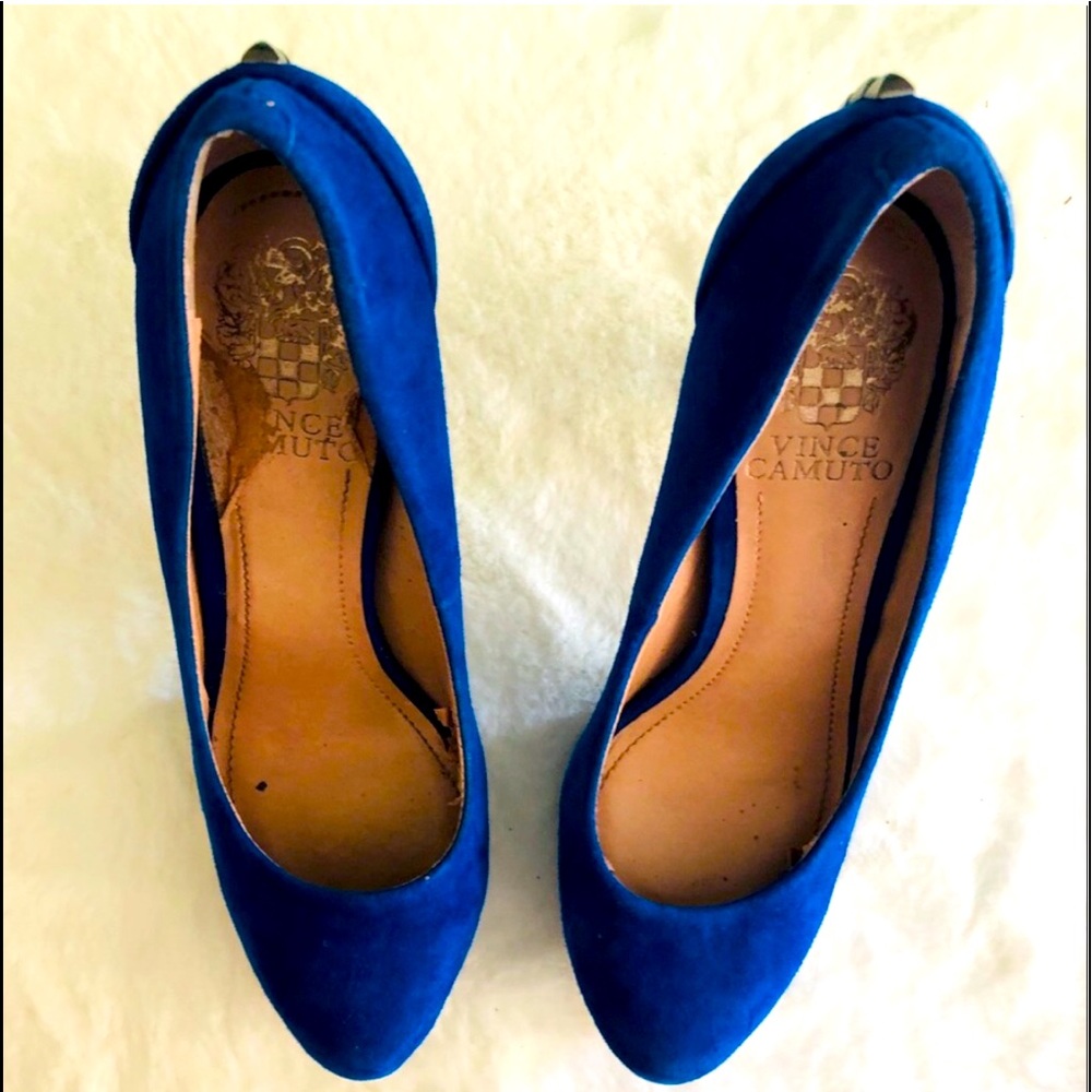 💙VINCE CAMUTO BLUE SUEDE ROCK STUD HEELS 6.5M - Picture 13 of 15
